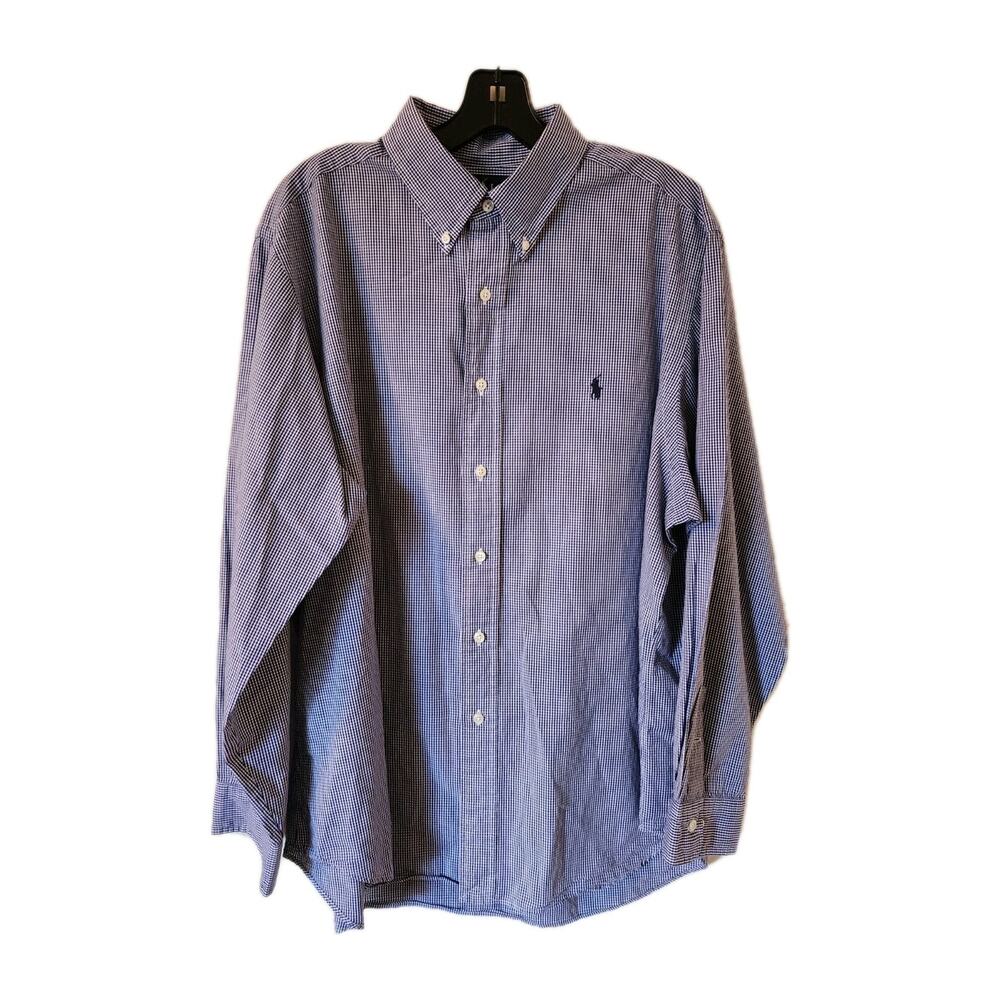 Ralph Lauren Blue Window Pane Check Classic Fit Button Up Dress Shirt 17 34/35